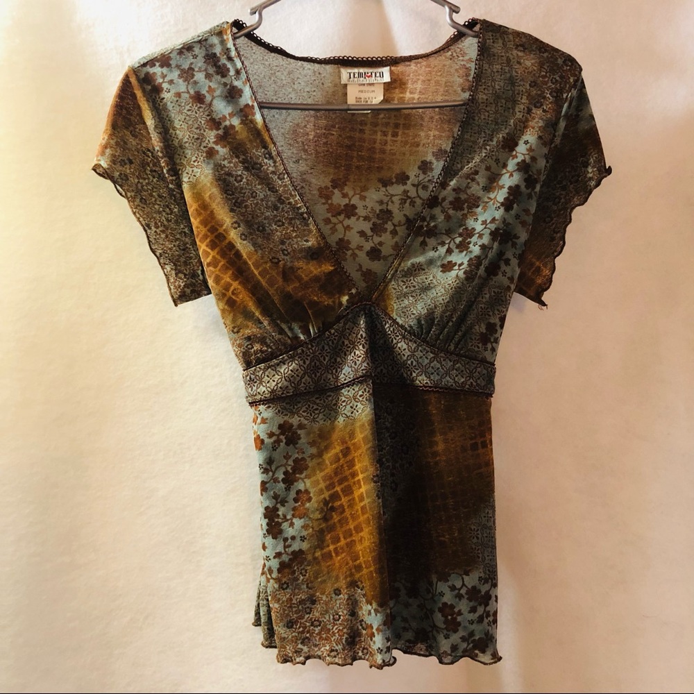 TEMPTED Blouse Juniors M Brown Blue Floral V neck empire waist tie back
